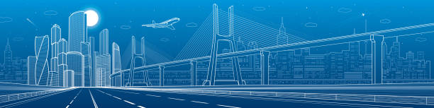 ilustrações de stock, clip art, desenhos animados e ícones de infrastructure city panorama. large cable-stayed bridge. airplane fly. empty highway. night modern city on background, towers and skyscrapers, urban scene, vector design art - cable stayed bridge illustrations