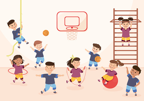 Children Engaged in Physical Education Doing Various Sports During Class at School Vector Illustration