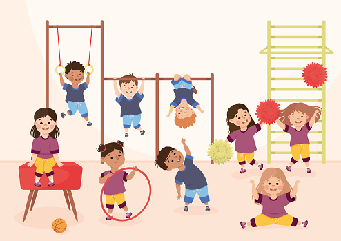 Children Engaged in Physical Education Doing Various Sports During Class at School Vector Illustration. Kids Practicing Exercise in PE Stretching and Hanging on Bar Concept