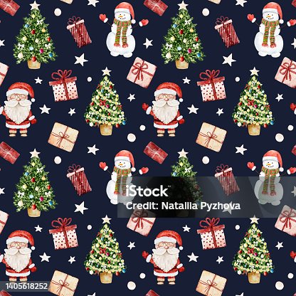 istock Watercolor Christmas pattern with Santa Claus, snowman, christmas tree and gift boxes isolated on dark blue background. 1405618252
