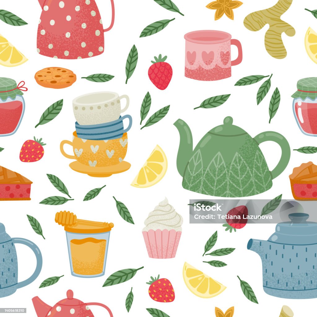 Creative Tea Patterns Decorative Tea Time Seamless Pattern With Teapot And Cup Stock ...