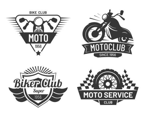 ilustrações, clipart, desenhos animados e ícones de crachás de motocicleta de coleção, moto biker club - motor racing track