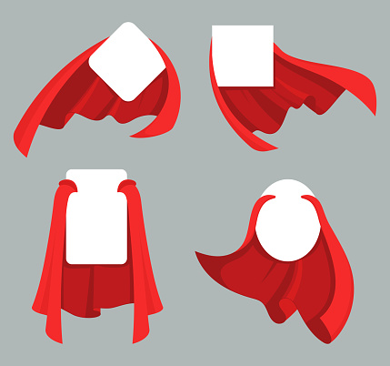 Red hero cape label collection for advertising design. Vector red costume of superhero, label super cloak, cape symbol illustration