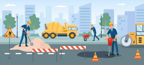 Vector illustration of Road works, workers repair street renovate asphalt