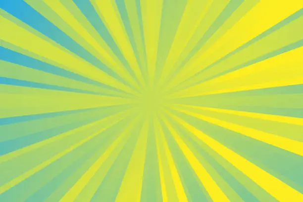 Vector illustration of ºBlue Summer Abstract Comic Cartoon Sunlight Background, Cyan and yellow color burst , material for background of radiation (Light green). The fulcrum is in the center.