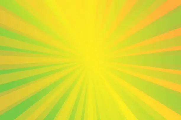 Vector illustration of Green  and yellow abstract background with sun rays. Retro texture with burst and light. Vintage cartoon and comic book. Design card with stripes and starburst. Poster, label for pop art. Color pattern.