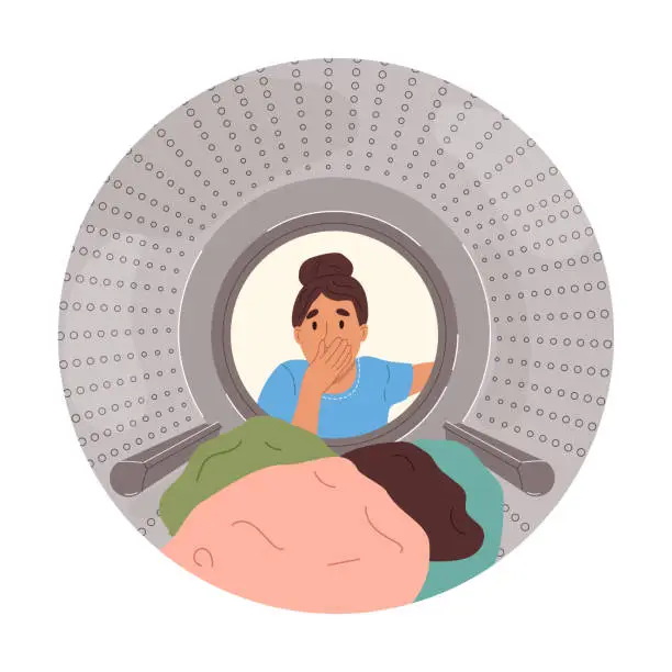 Vector illustration of Disgusted young woman looking into smelly washing machine