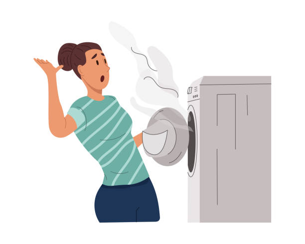 Shocked young woman with broken washing machine at home Shocked young woman with broken washing machine at home. Girl housewife waves her hand away from the smoke. Colored flat vector illustration isolated on white background appliance fire stock illustrations