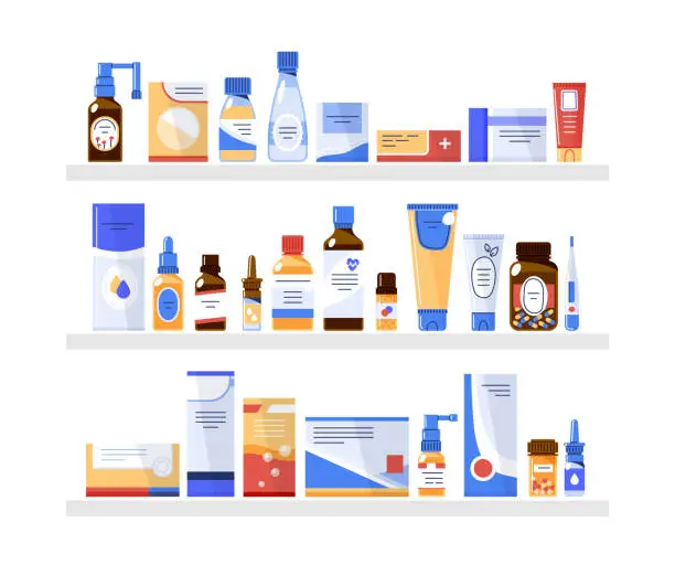 Vector illustration of Different medicine products in the pharmacy store on three shelves.Flat vector