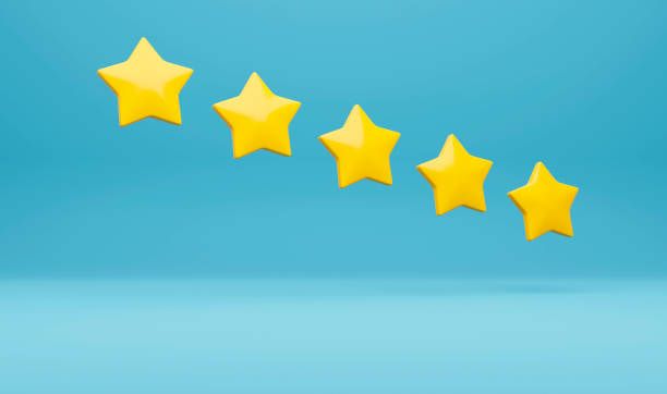 istock Five yellow stars quality rating icon on blue background. Product Rating System. 3d rendering 1405623364