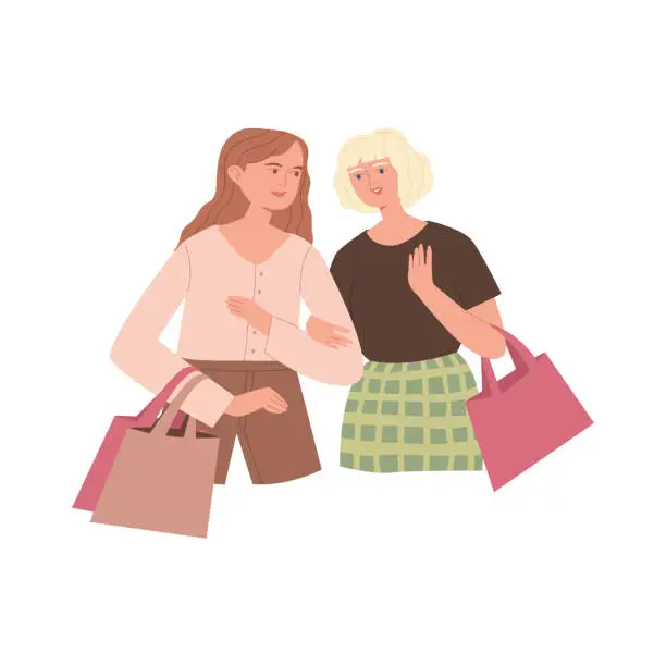 Vector illustration of Two girlfriends are shopping and talking. Girls with shopping bags. Happy women go hand in hand enjoying the conversation. Active pastime. Vector flat illustration isolated on white background.