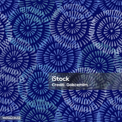 istock Monochrome  Bright Tie-Dye Shibori Sunburst Circles Indigo Background Vector Seamless Pattern. Design Element for Spring-Summer Textiles, Wrapping Papers and Decoration. 1405623432
