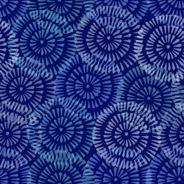 Vector illustration of Monochrome  Bright Tie-Dye Shibori Sunburst Circles Indigo Background Vector Seamless Pattern. Design Element for Spring-Summer Textiles, Wrapping Papers and Decoration.