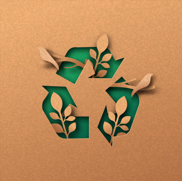 Green recycle icon eco papercut nature concept Recycle icon papercut illustration with plant leaf and bird animals. Eco-friendly recycling symbol, reuse waste cycle concept. 3d cutout in recycled paper background for ecology campaign. sustainability stock illustrations