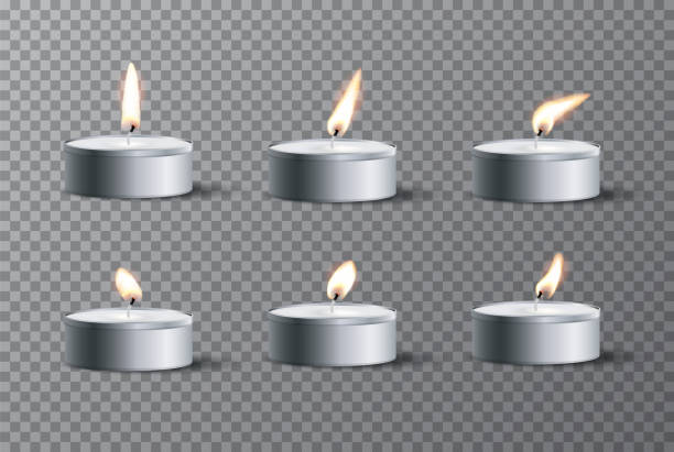Set Of Realistic Tea Candles With Different Flames Isolated On