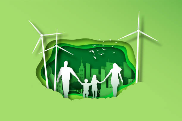 Family walking together in papercut green city Family of mom, dad and children walking holding hands together in green eco friendly city. Paper cut craft style illustration for environment care lifestyle or moving to new town concept. origami hand stock illustrations