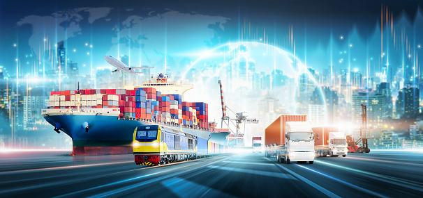 Smart logistics import export and transportation industrial concept of container cargo freight ship, Truck on highway, Global business logistics technology network distribution on world map background