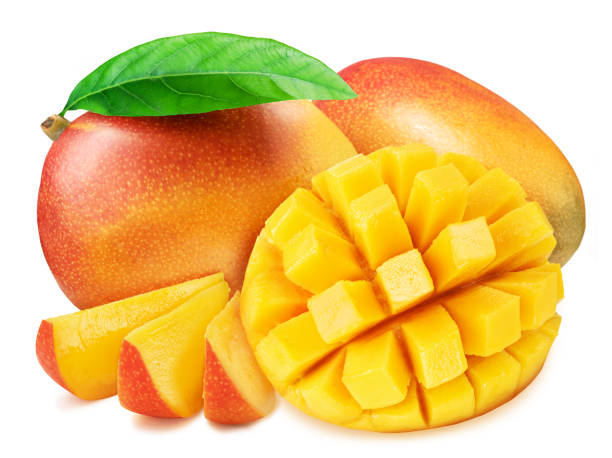 istock Mango fruits with green leaf and mango cut in hedgehog style isolated on white background. 1405627493