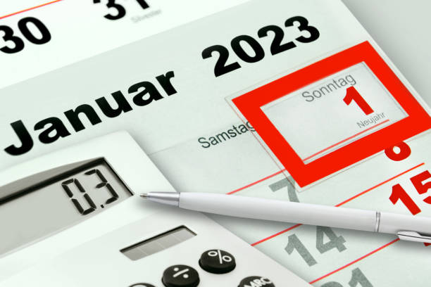 german calendar 2023 january 1 and calculator  0,3  sunday saturday new year - 0 3 months imagens e fotografias de stock