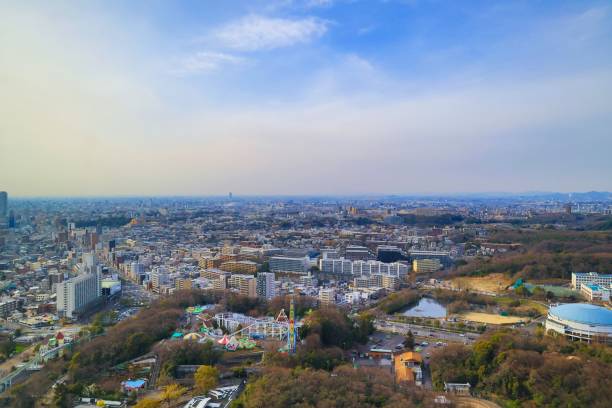 Cityscape of Nagoya city overlooking from the sunny Higashiyama Tower stock photo