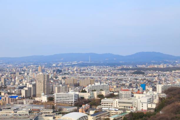 Cityscape of Nagoya city overlooking from the sunny Higashiyama Tower stock photo