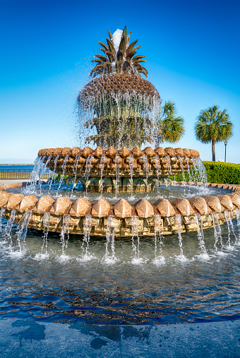 Famous pineapple fountain ay the waterfront park in Charleston, South Carolina