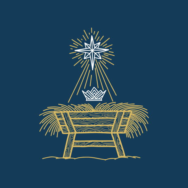stockillustraties, clipart, cartoons en iconen met the nativity scene. a hand-drawn manger for the baby jesus. star of bethlehem and crown of the king of heaven. - kerststal
