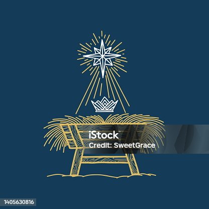 istock The Nativity Scene. A hand-drawn manger for the baby Jesus. Star of Bethlehem and crown of the king of heaven. 1405630816
