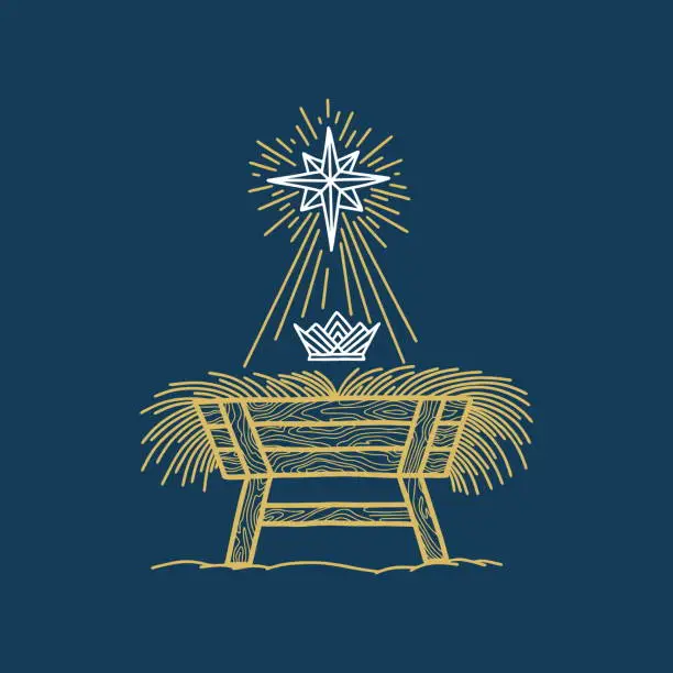 Vector illustration of The Nativity Scene. A hand-drawn manger for the baby Jesus. Star of Bethlehem and crown of the king of heaven.