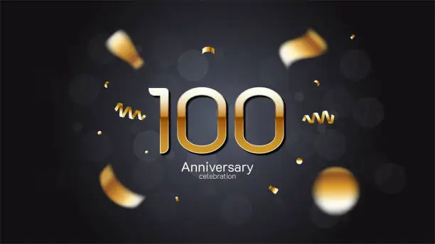 Vector illustration of 100th anniversary celebration Gold numbers editable vector EPS 10 shadow and sparkling confetti with bokeh light black background. modern elegant design for wedding party or company event decoration