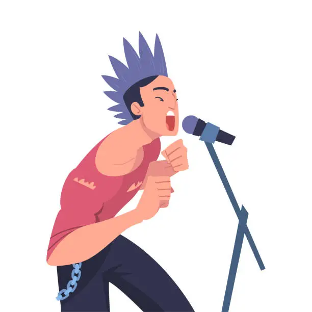 Vector illustration of Man Rock Singer and Musician with Hawk and Microphone Performing Music on Stage Vector Illustration
