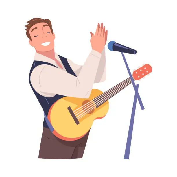 Vector illustration of Man Singer and Musician with Microphone and Guitar Performing Music on Stage Vector Illustration