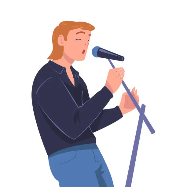 Vector illustration of Man Singer and Musician with Microphone Performing Music on Stage Vector Illustration