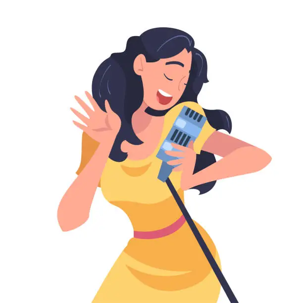 Vector illustration of Woman Singer and Musician with Microphone Performing Music on Stage Vector Illustration