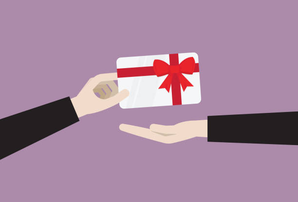 Businessman sending a gift card Giving, Shopping, Coupon, Boxing day, Ribbon bonus pay stock illustrations