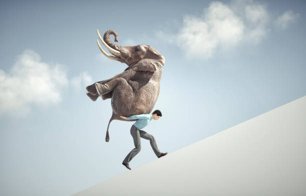 istock Man carries an elephant on a slope. 1405634838