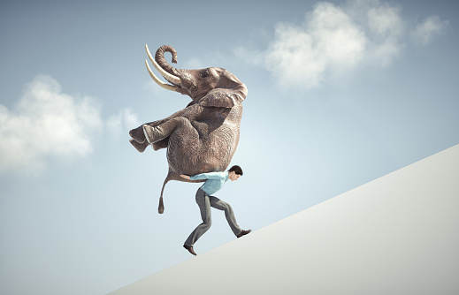 Man carries an elephant on a slope. Burden and difficult task concept. This is 3d render illustration