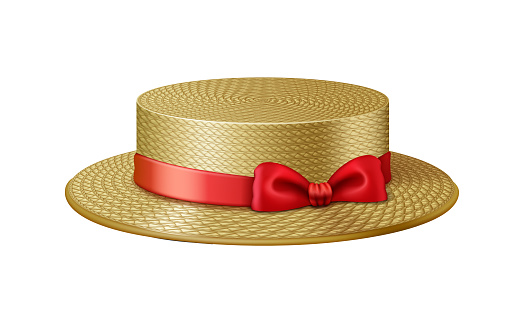 Straw Boater hat with red ribbon and bow.. Vector illustration.