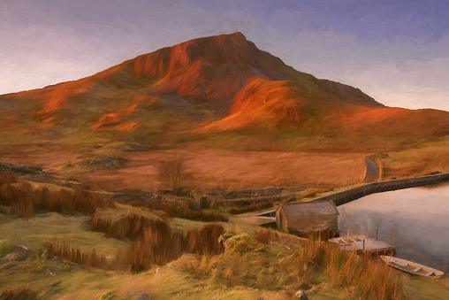 Digital painting of Llyn y Dywarchen, Snowdon, and Y Garn during winter in the Snowdonia National Park, North Wales.