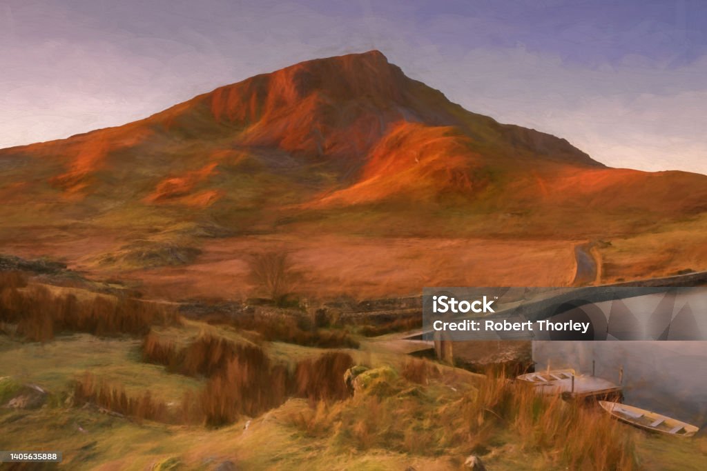 Digital painting of Y Garn in the Snowdonia National Park, Wales. Digital painting of Llyn y Dywarchen, Snowdon, and Y Garn during winter in the Snowdonia National Park, North Wales. Mountain Stock Photo