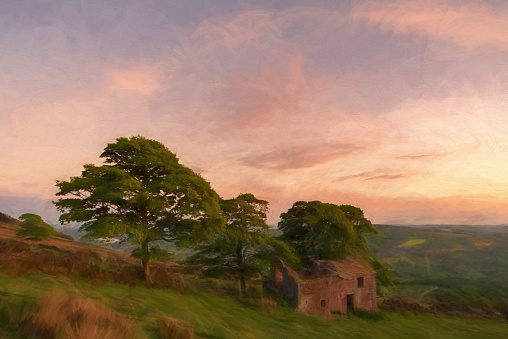 Digital painting of sunset at Roach End in the Peak District National Park, Staffordshire, UK