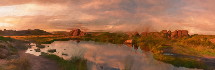 Digital painting of sunset reflections on Doxey Pool at The Roaches, in the Peak District National Park, Staffordshire.