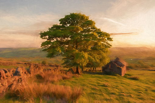 Digital painting of sunset at Roach End in the Peak District National Park, Staffordshire, UK