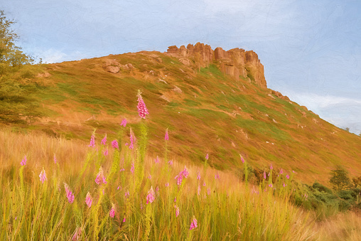 Digital painting of a panoramic view of The Roaches just before sunset in the Peak District National Park.