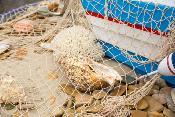 istock fishing net, sea pebbles and shells close-up. 1405638178