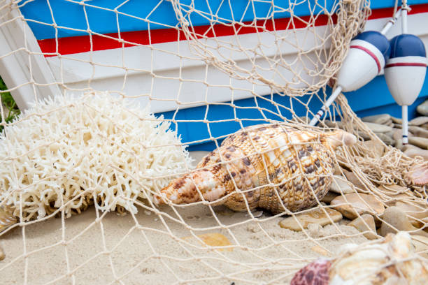 istock Fishing nets, floats, corals and shells on the sandy shore. 1405638227