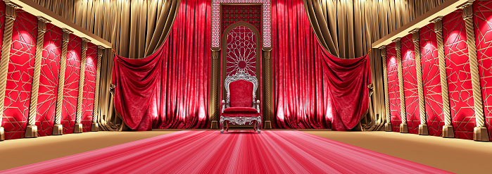 red carpet entrance. Throne of the kings, VIP throne, Red royal throne, 3d render