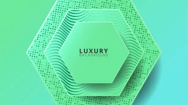 Vector illustration of Abstract hexagons Green Aqua Menthe luxury background vector eps 10 with shiny glitters and random color halftone effect. Graphic design element. Elegant decoration. Modern minimal banner.