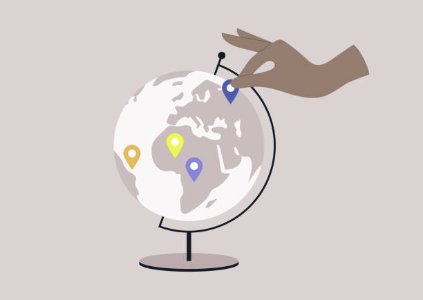 A round Globe on a metal stand with location pin stickers on it, educational and travel concept A round Globe on a metal stand with location pin stickers on it, educational and travel concept international politics stock illustrations