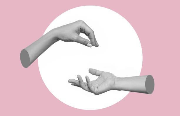 weibliche hand macht eine geste, wie das hängende objekt an eine ausgestreckte hand zu übergeben. zeitgenössische kunst - human hand key giving carrying stock-fotos und bilder